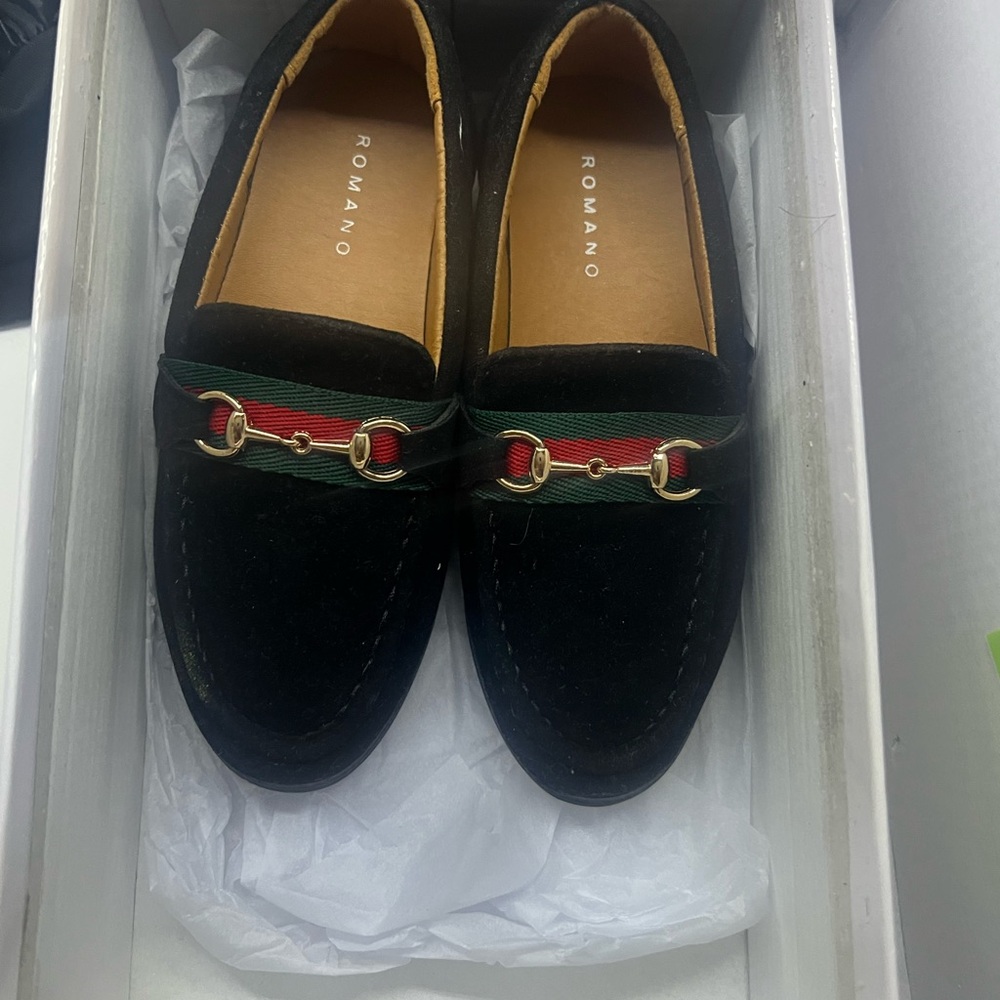 Romano Kids Black Loafers with Red and Green Accents